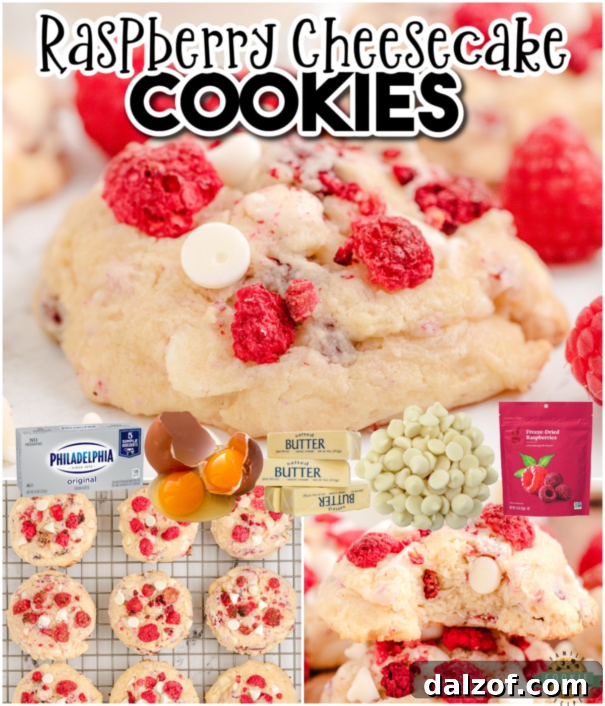 Raspberry Cheesecake Cookies are buttery cookies made with cream cheese & flavored with raspberries & white chocolate for soft, tender cookies reminiscent of cheesecake!