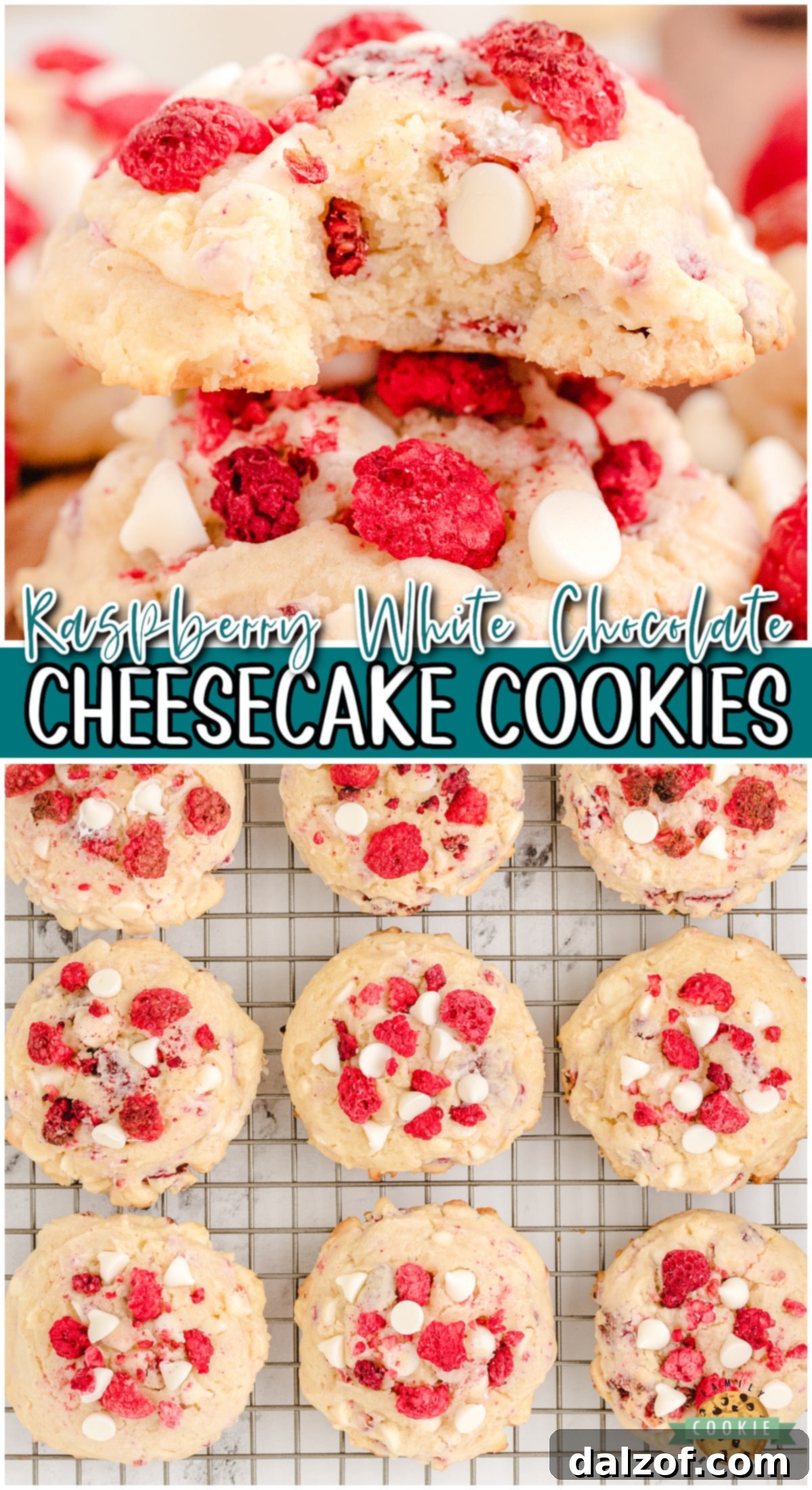 Raspberry Cheesecake Cookies are buttery cookies made with cream cheese & flavored with raspberries & white chocolate for soft, tender cookies reminiscent of cheesecake!