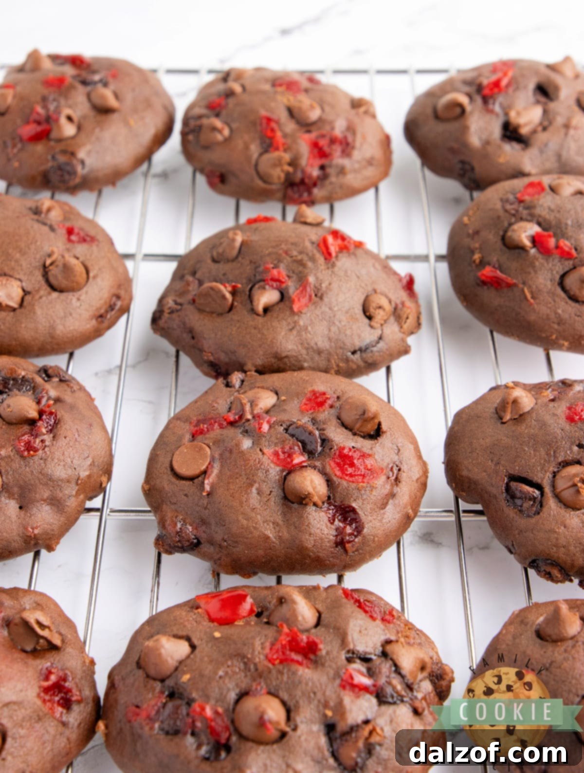 Freshly baked Double Chocolate Banana Split Cookies cooling on a wire rack, ready to be enjoyed.
