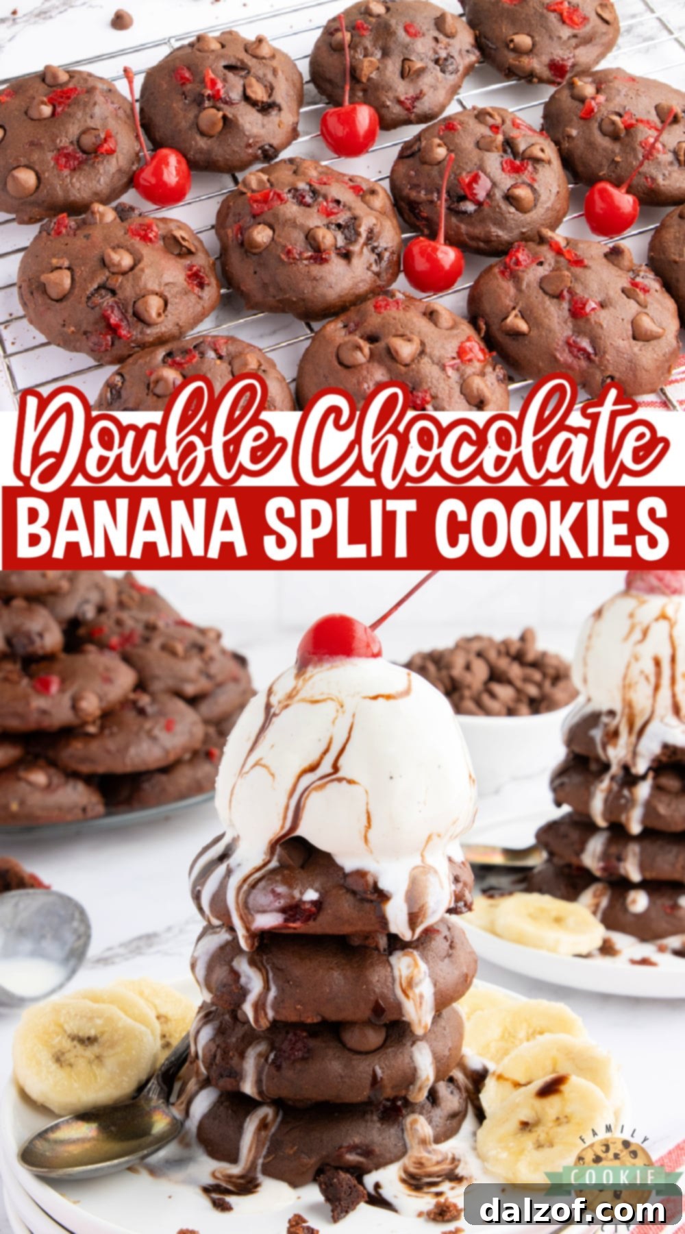 Double Chocolate Banana Split Cookies, expertly made from scratch with real bananas, delectable chocolate chips, and sweet maraschino cherries. These incredibly chewy chocolate cookies deliver the authentic taste of a banana split, especially when enjoyed with a refreshing scoop of vanilla ice cream!