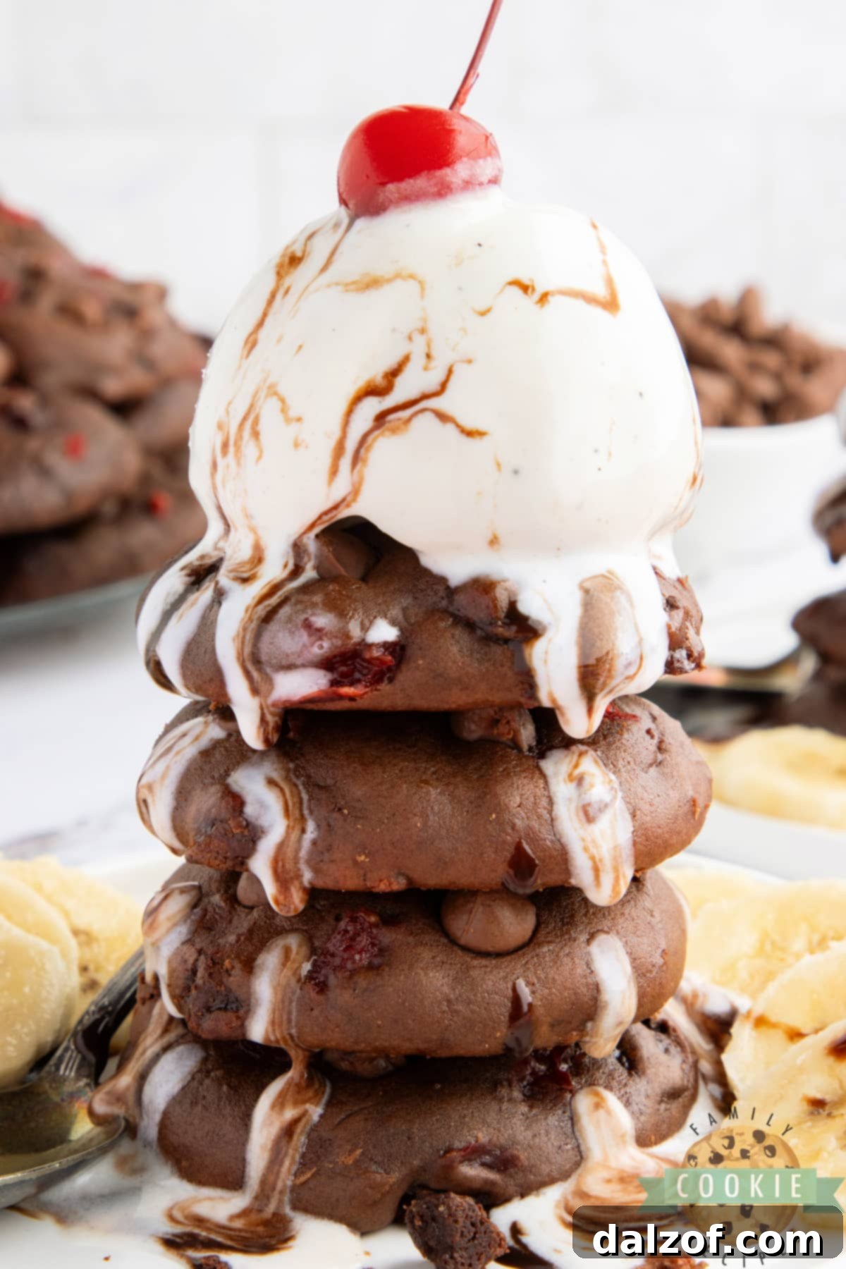 Rich chocolate cookies infused with the delightful flavors of fresh bananas and sweet maraschino cherries, perfect for any dessert lover.