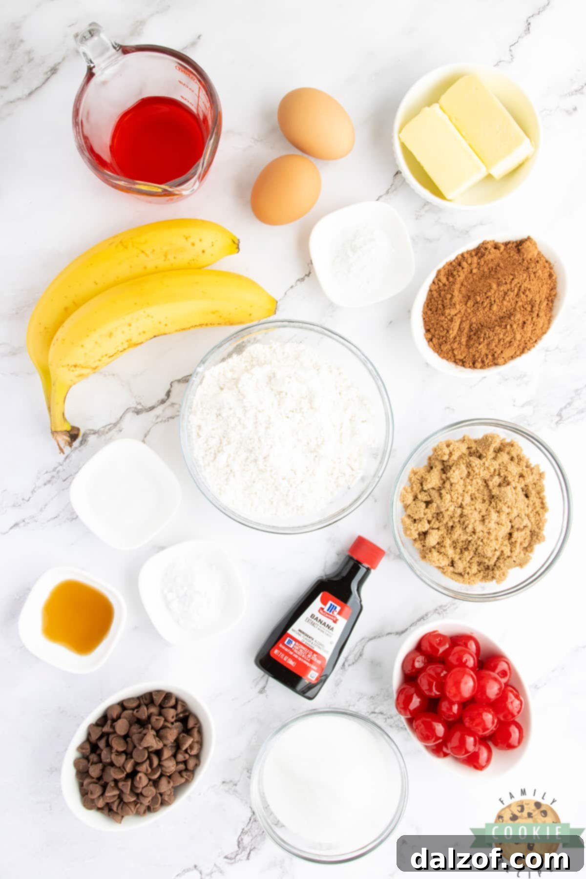 A visual guide to the essential ingredients used in crafting delicious Double Chocolate Banana Split Cookies.
