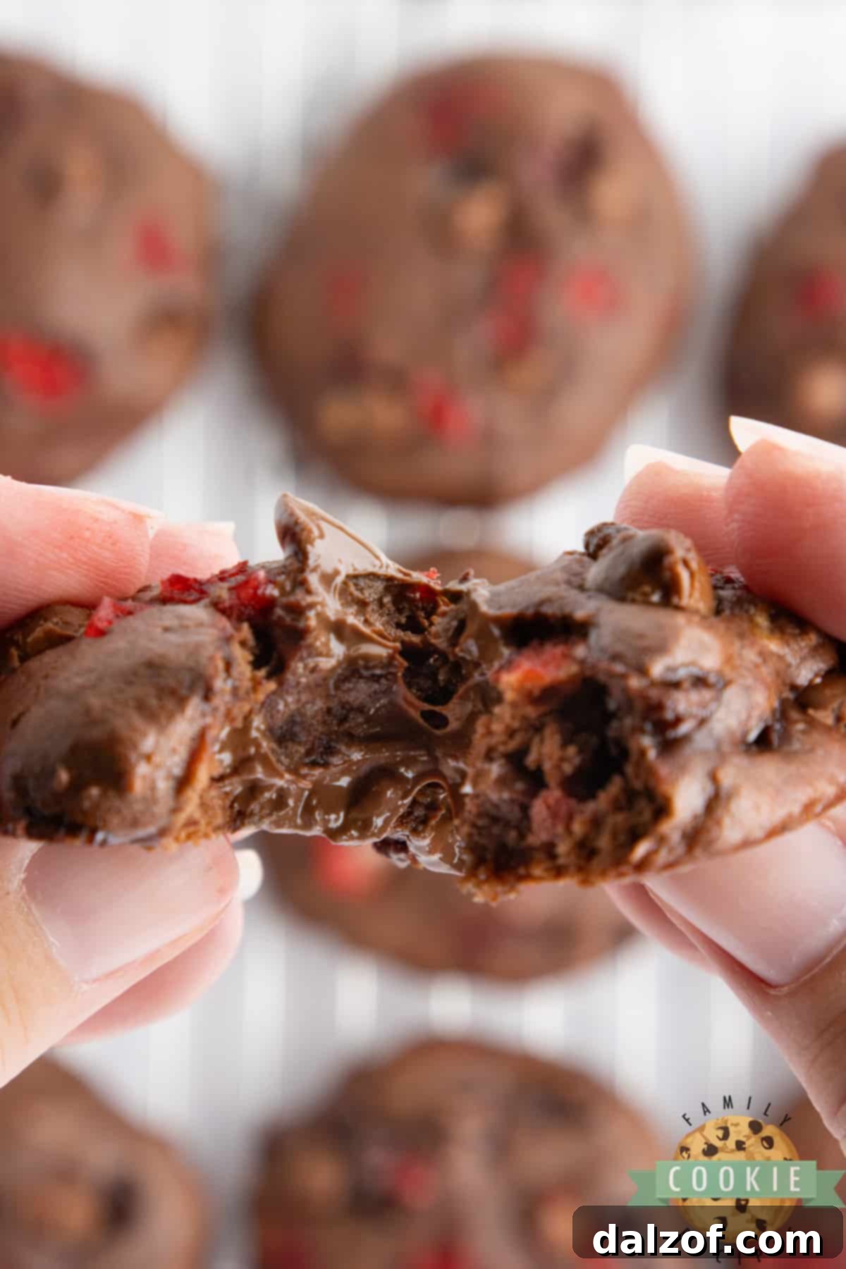 Close-up of the delicious and gooey center of a Double Chocolate Banana Split Cookie, showcasing its rich texture and flavorful inclusions.