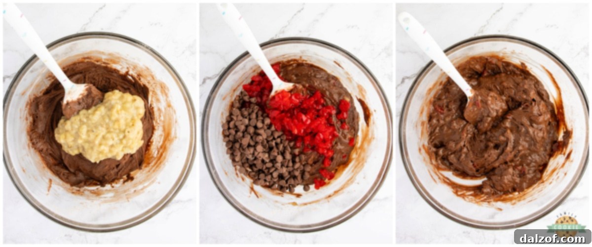 Adding mashed ripe bananas, finely chopped maraschino cherries, and delicious chocolate chips to the rich chocolate cookie dough.