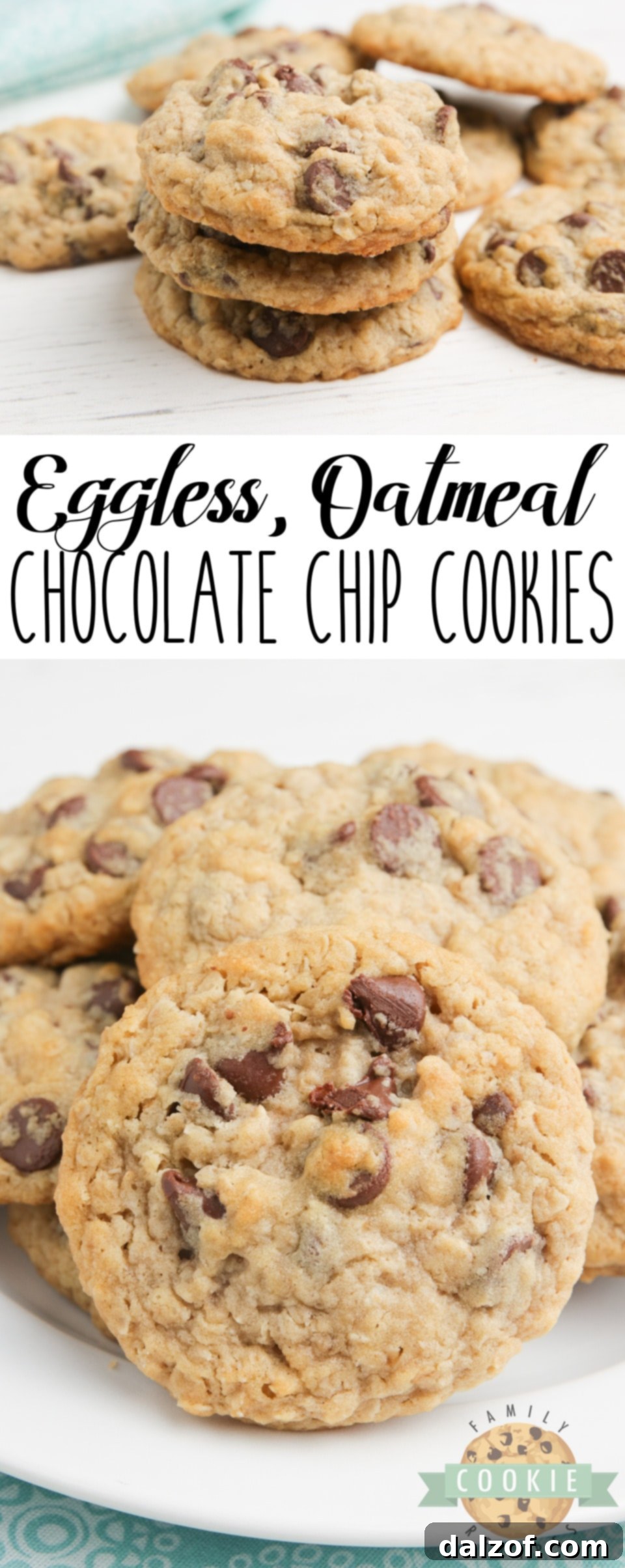 Eggless Oatmeal Chocolate Chip Cookies are soft, chewy and have the perfect consistency - you can't even tell there aren't any eggs in the recipe! Best eggless cookie recipe ever!