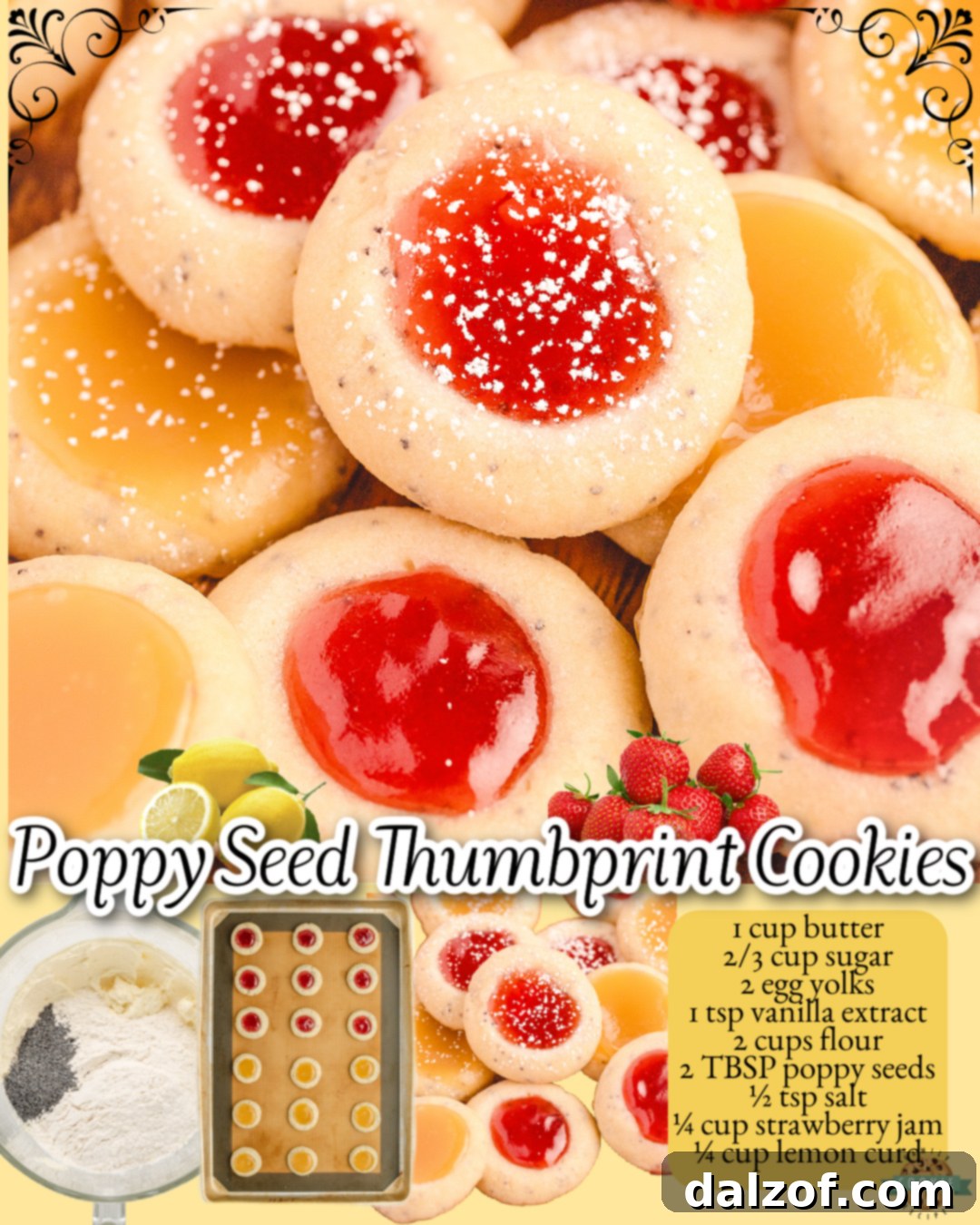 Delightful Poppy Seed Thumbprint Cookies made with butter, sugar, egg yolks & flour, then topped with strawberry jam or lemon curd for a bright fruity flavor!