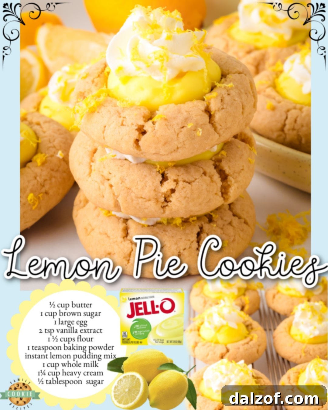 Delightful Lemon Pie Cookies made with buttery vanilla cookies topped with lemon pudding and whipped cream! It's a lemon cream pie in cookie form!