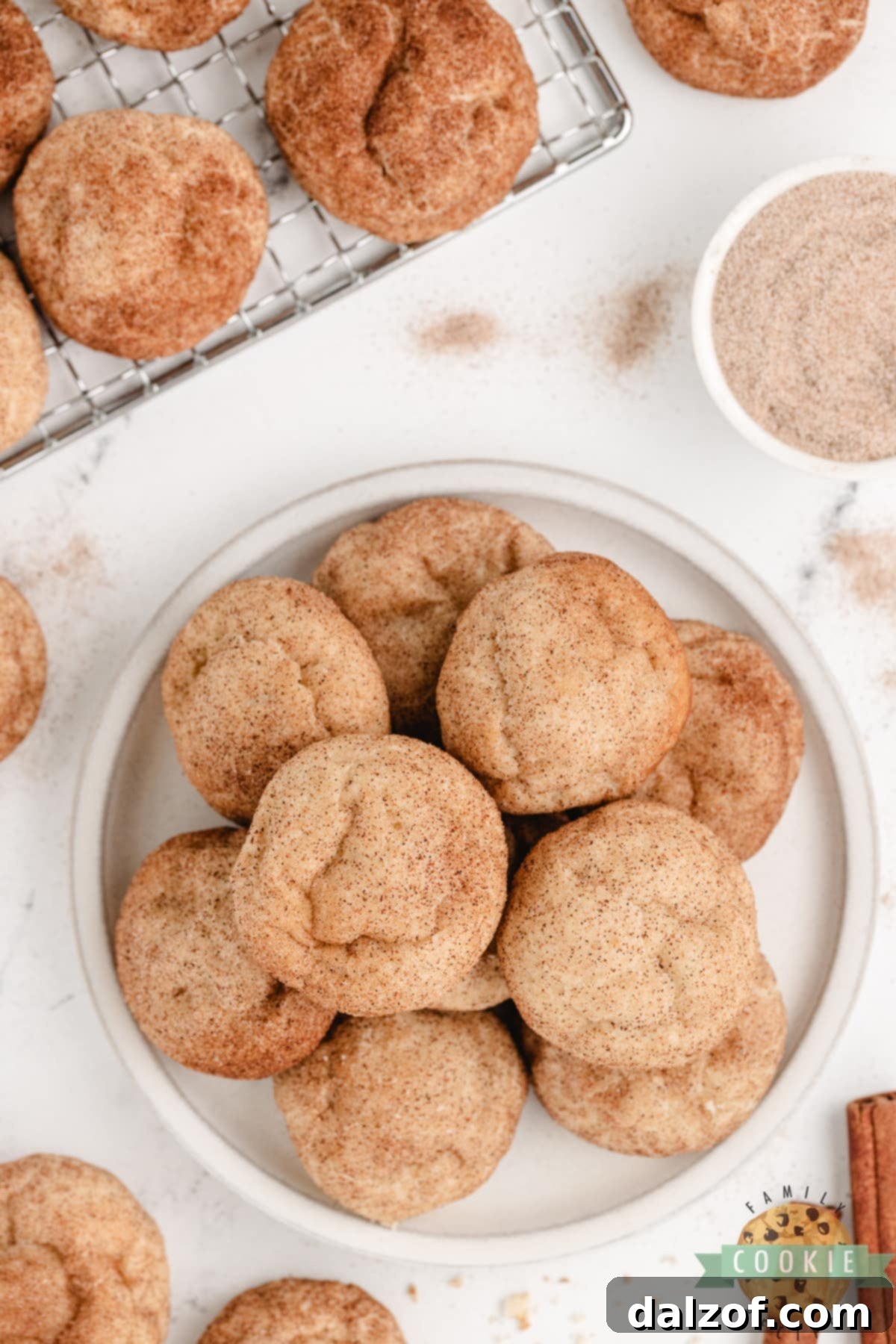 Velvety Cream Cheese Snickerdoodle Delights 10 Plate of snickerdoodle cookies.