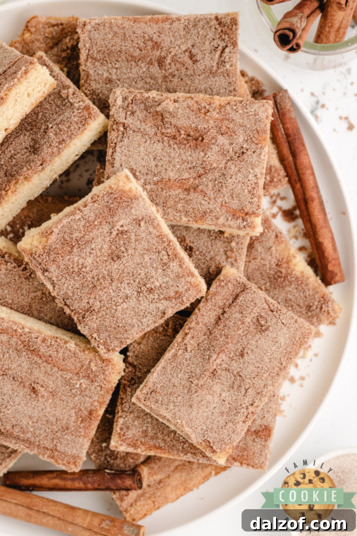 A plate of neatly sliced Snickerdoodle Cookie Bars, dusted with cinnamon sugar, ready to be enjoyed.