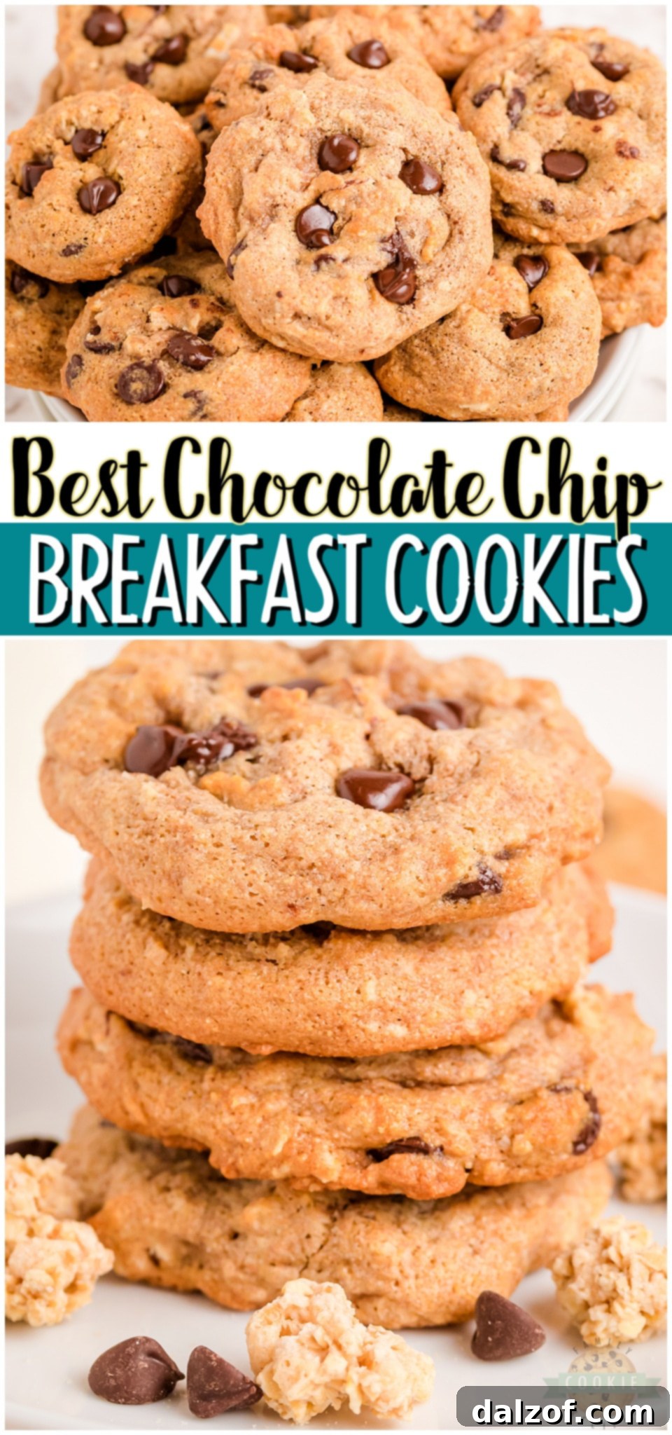Pinnable image for Breakfast Chocolate Chip Cookies recipe featuring whole wheat flour, applesauce, granola, & dark chocolate for low-calorie & low sugar cookies!