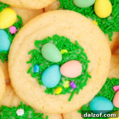 Easter sugar cookies topped with green jimmies and candy eggs