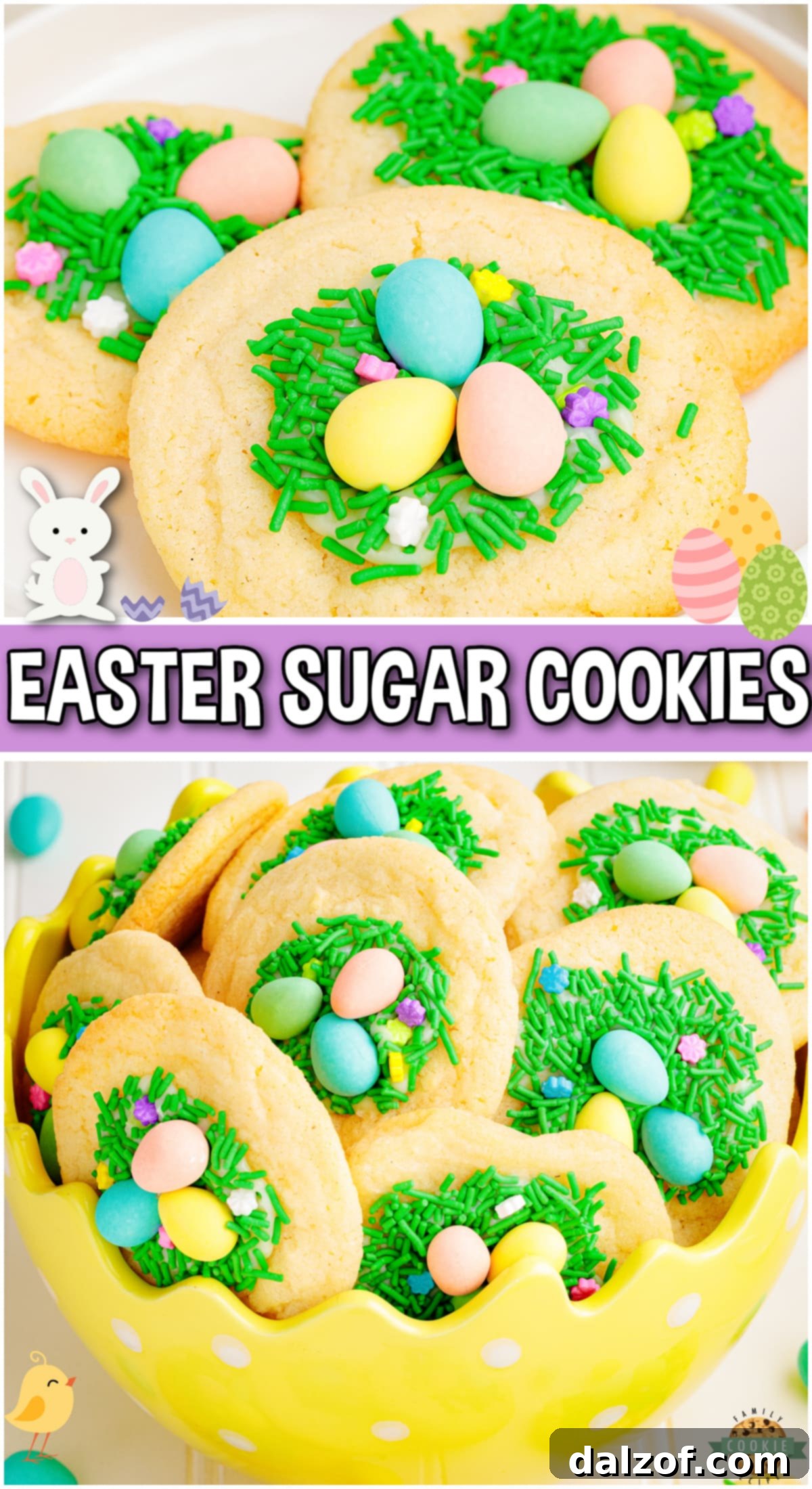 Easy Easter Sugar cookies topped with candy nest and eggs