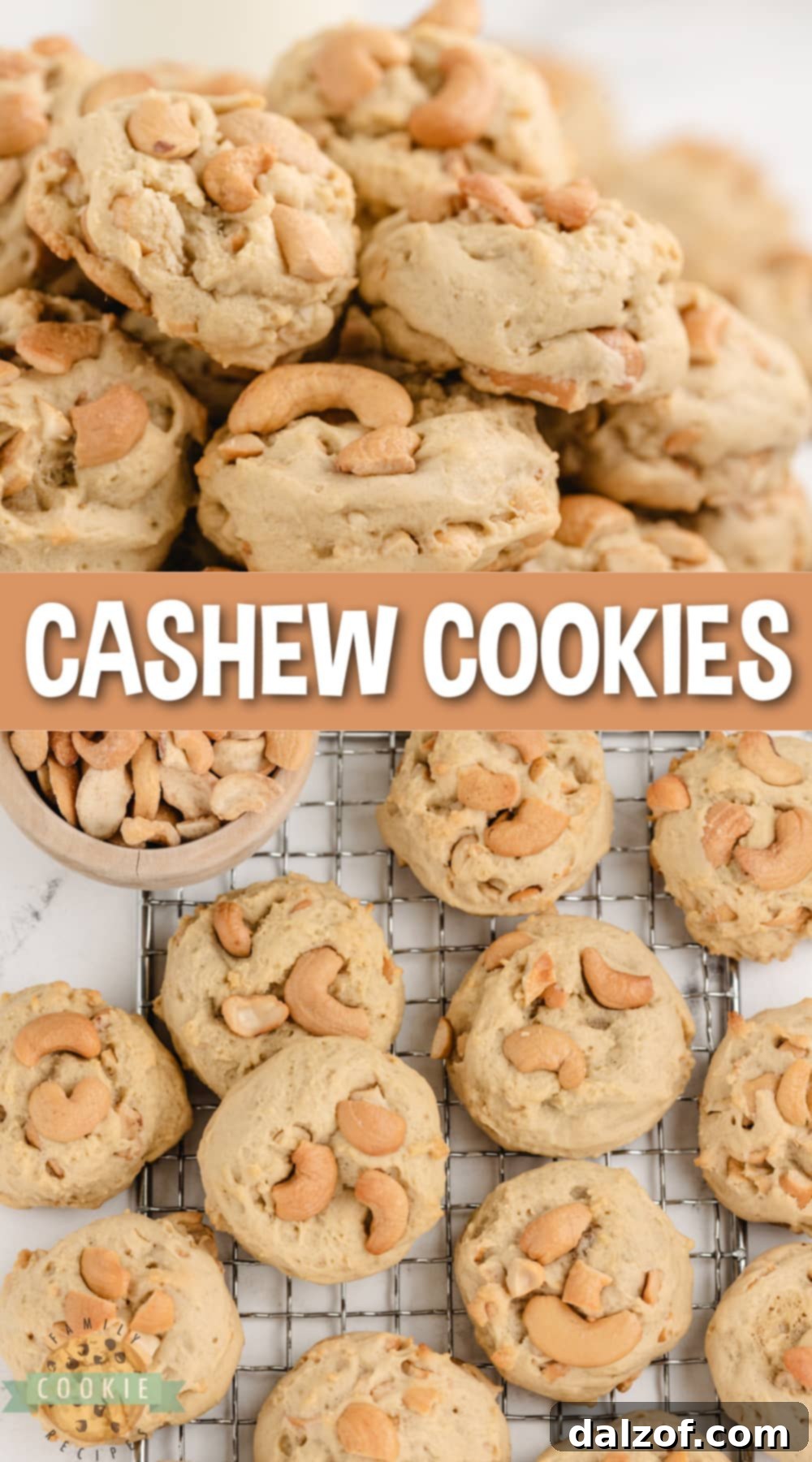 A beautifully composed shot of Cashew Cookies, emphasizing their homemade quality and tempting texture, inviting viewers to bake.