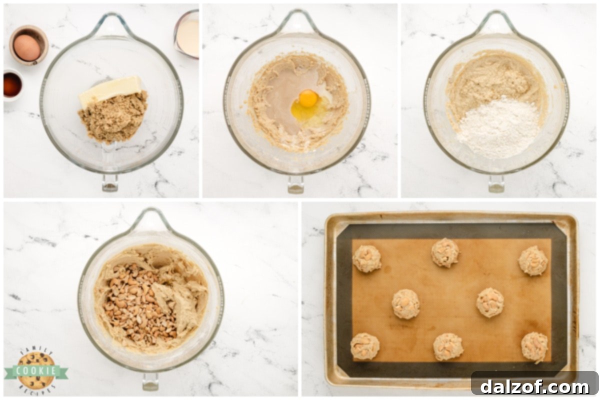 Step-by-step imagery demonstrating the process of making Cashew Cookies, from mixing dough to forming cookie balls.