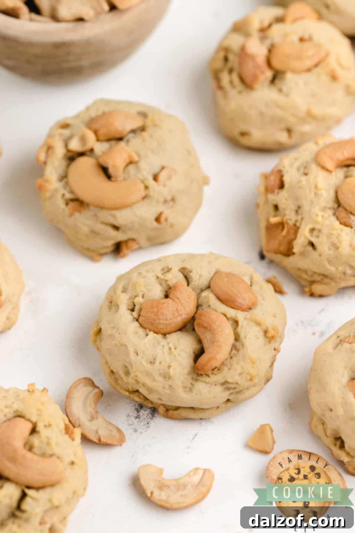 A delightful arrangement of soft Cashew Cookies, beautifully presented to showcase their inviting texture and rich flavor profile.