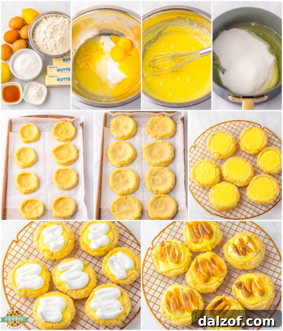 A step-by-step guide to making Lemon Meringue Pie Cookies, showing cookie dough being shaped and prepared for baking