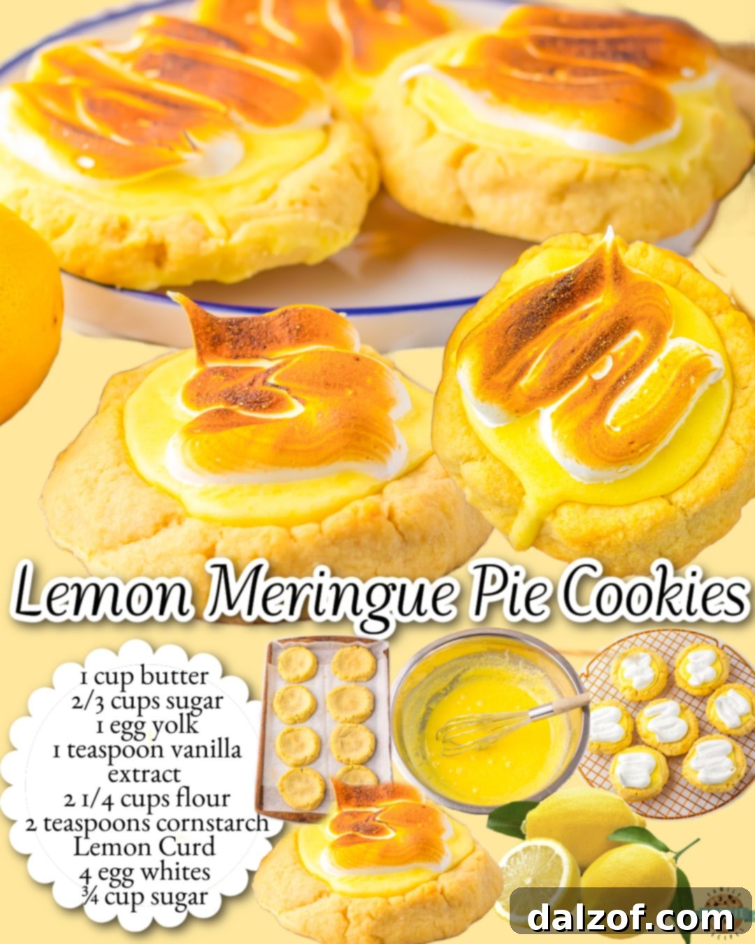 Lemon pie cookies topped with vibrant lemon curd and perfectly toasted, fluffy meringue, ready to be enjoyed