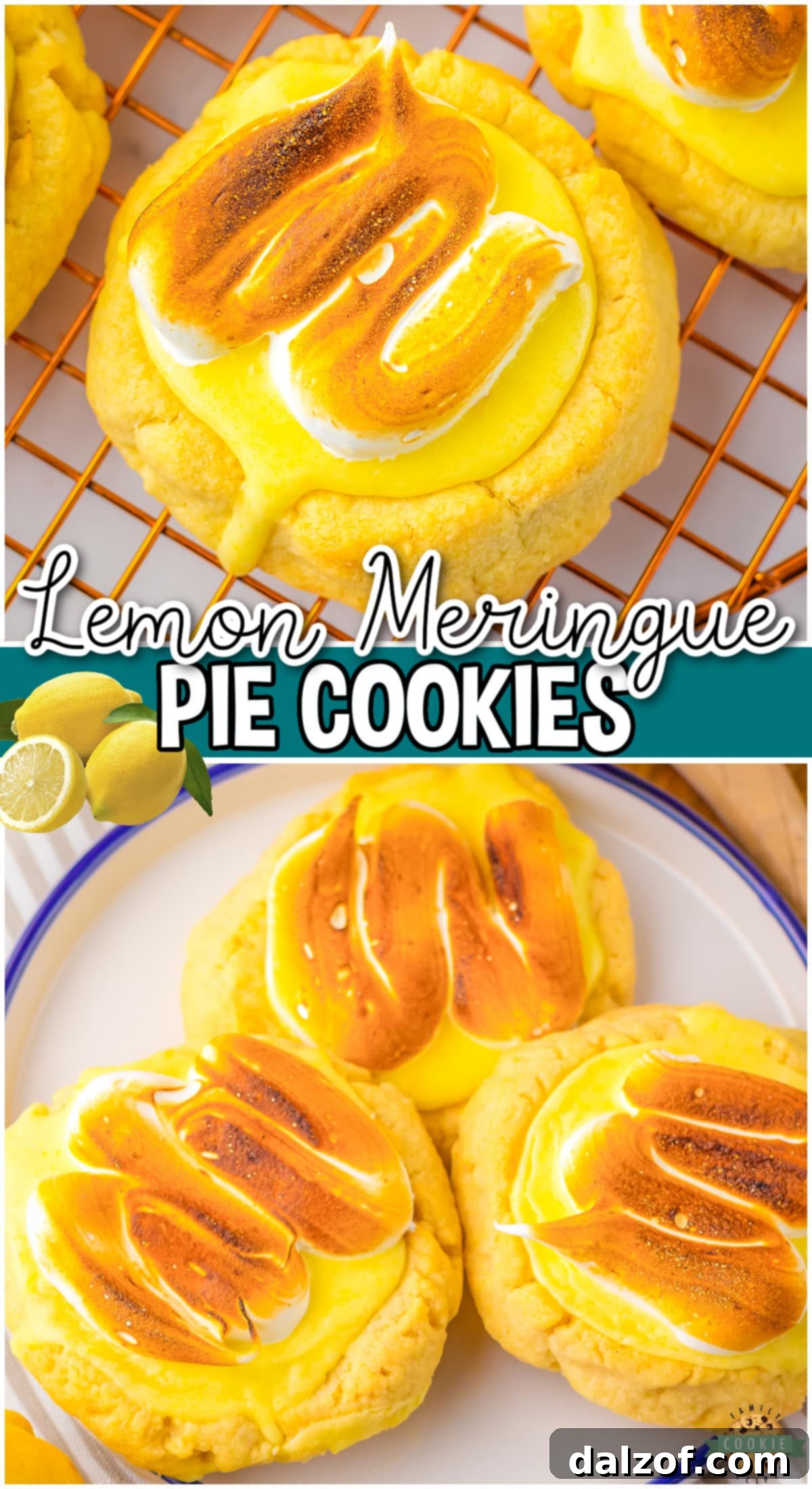 Lemon Meringue Pie Cookies, a delightful twist on a classic dessert featuring buttery shortbread, tangy lemon curd, and toasted meringue, perfectly styled for sharing on social media like Pinterest