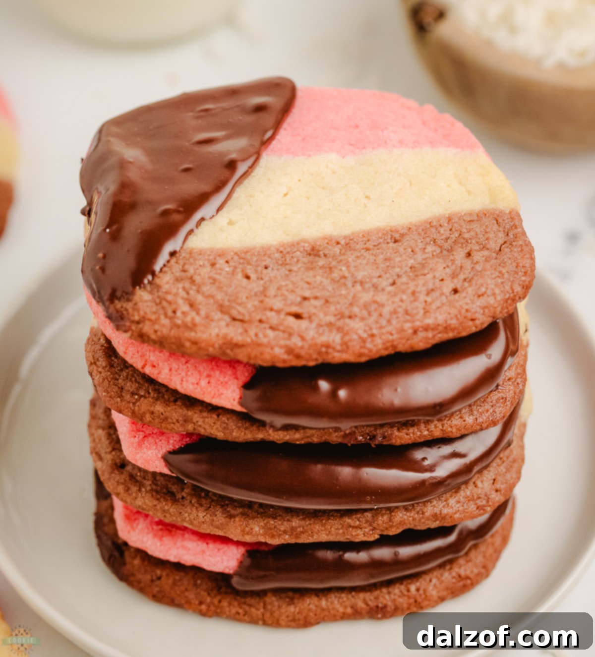 Stack of freshly baked Chocolate Dipped Neapolitan Cookies, showing the neat layers