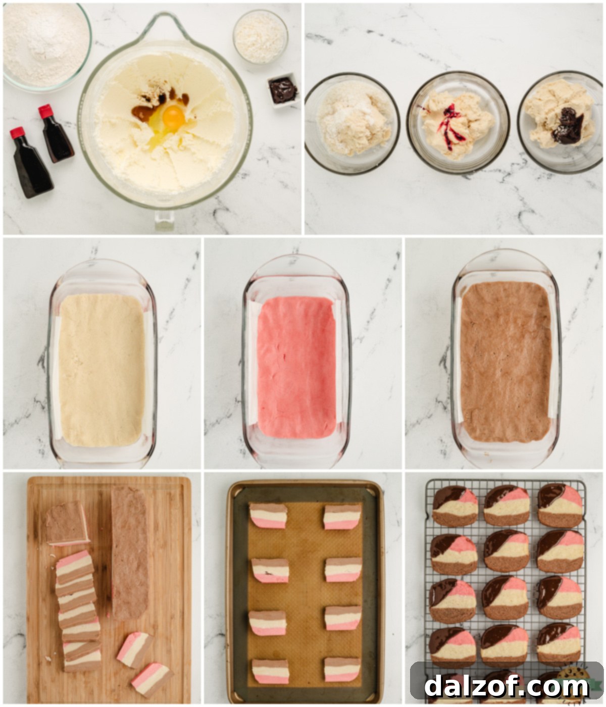 Step-by-step image showing how to create the layered Neapolitan cookie dough