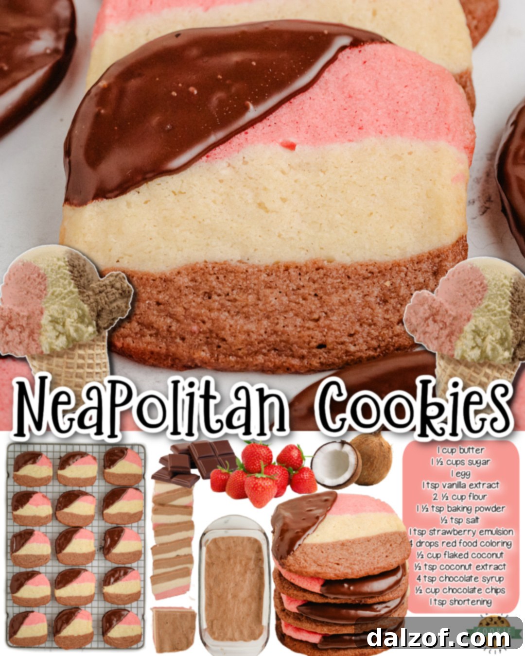 A collage of Chocolate Dipped Neapolitan Cookies, highlighting their buttery texture and distinct flavors of chocolate, strawberry, and coconut