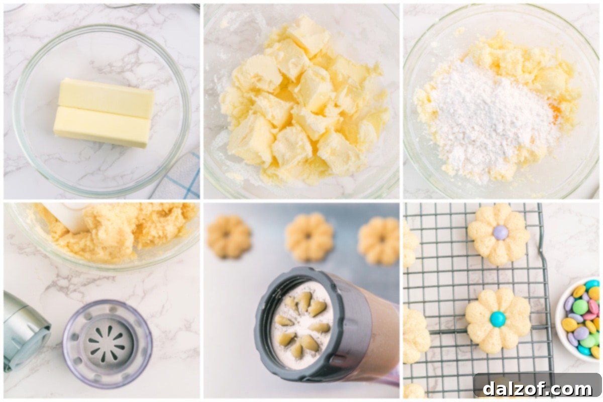 A step-by-step visual guide demonstrating how to perfectly make Spring Spritz Cookies, from dough to decorated treats.