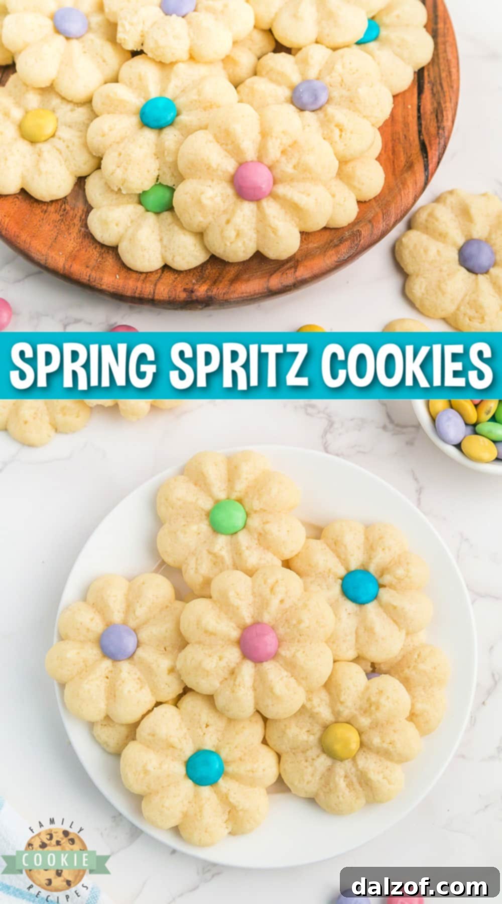 An appetizing close-up of Spring Spritz Cookies, showcasing their delicate shortbread texture and festive M&M decorations, ready to be served.