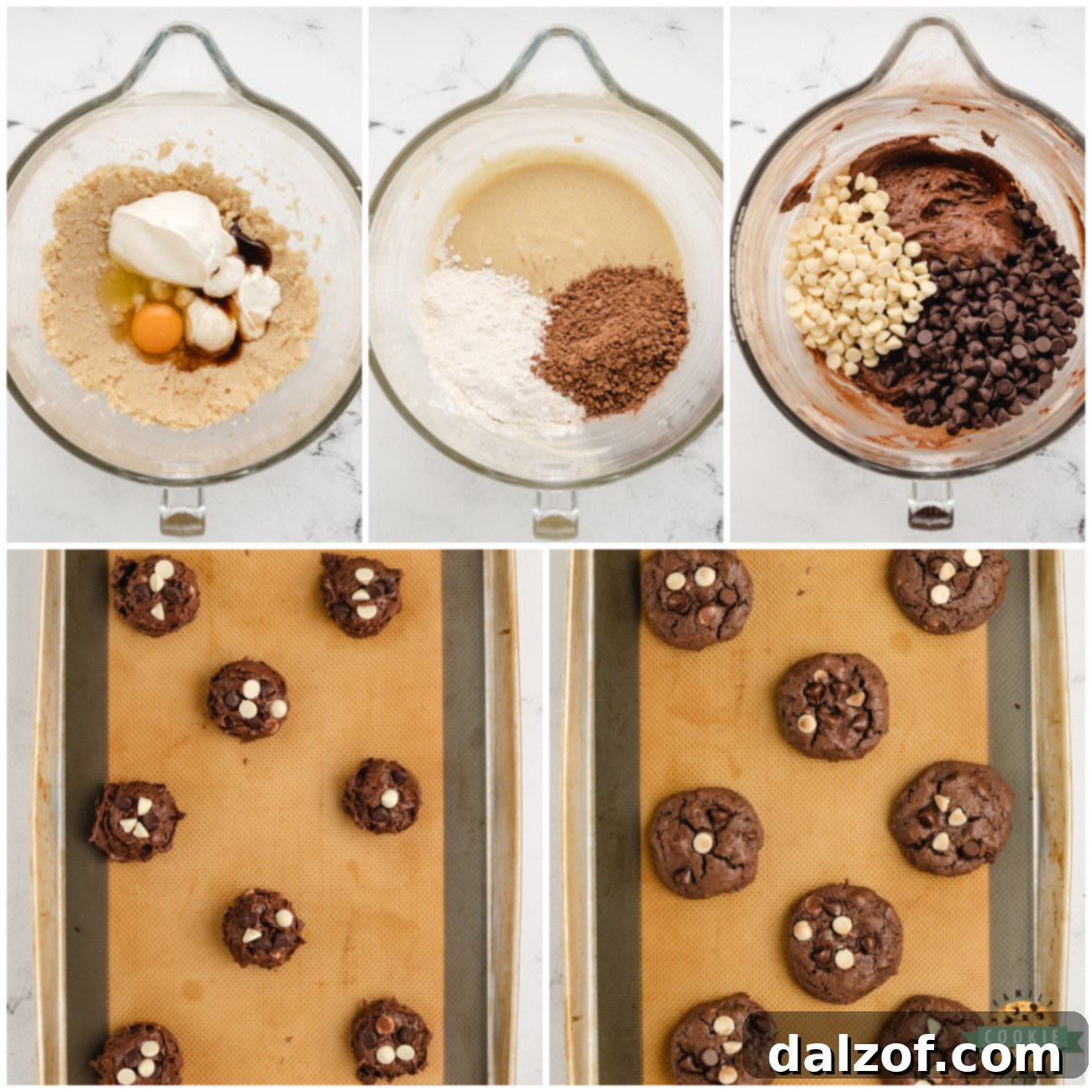 A close-up of a baking sheet filled with freshly scooped sour cream chocolate chip cookie dough, ready for the oven.