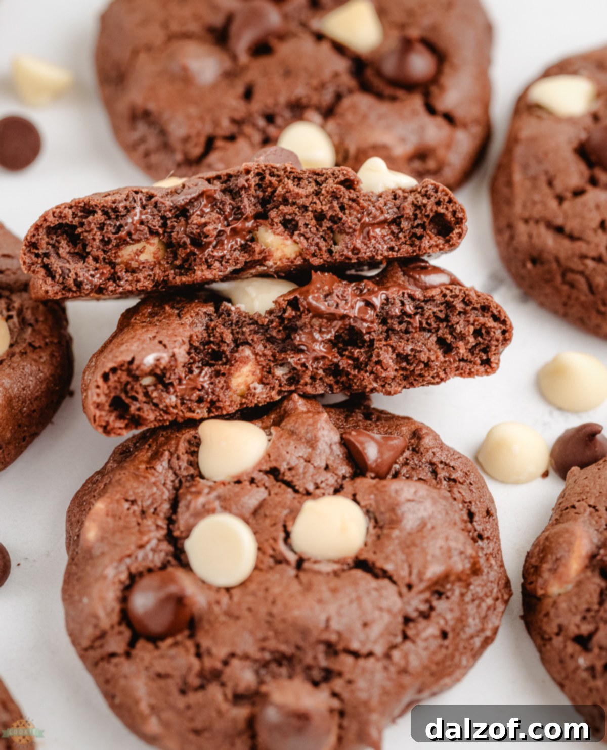 A beautiful stack of freshly baked sour cream chocolate chip cookies, showcasing their soft, inviting texture.