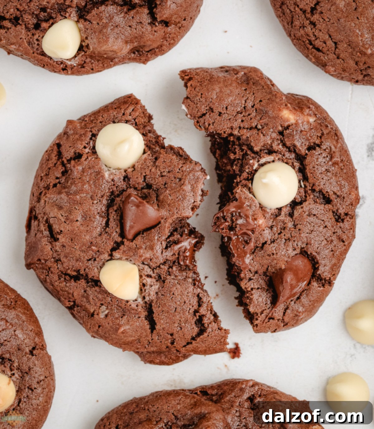 A close-up shot of a sour cream chocolate chip cookie cut in half, revealing its moist, cake-like interior and abundance of chocolate chips.