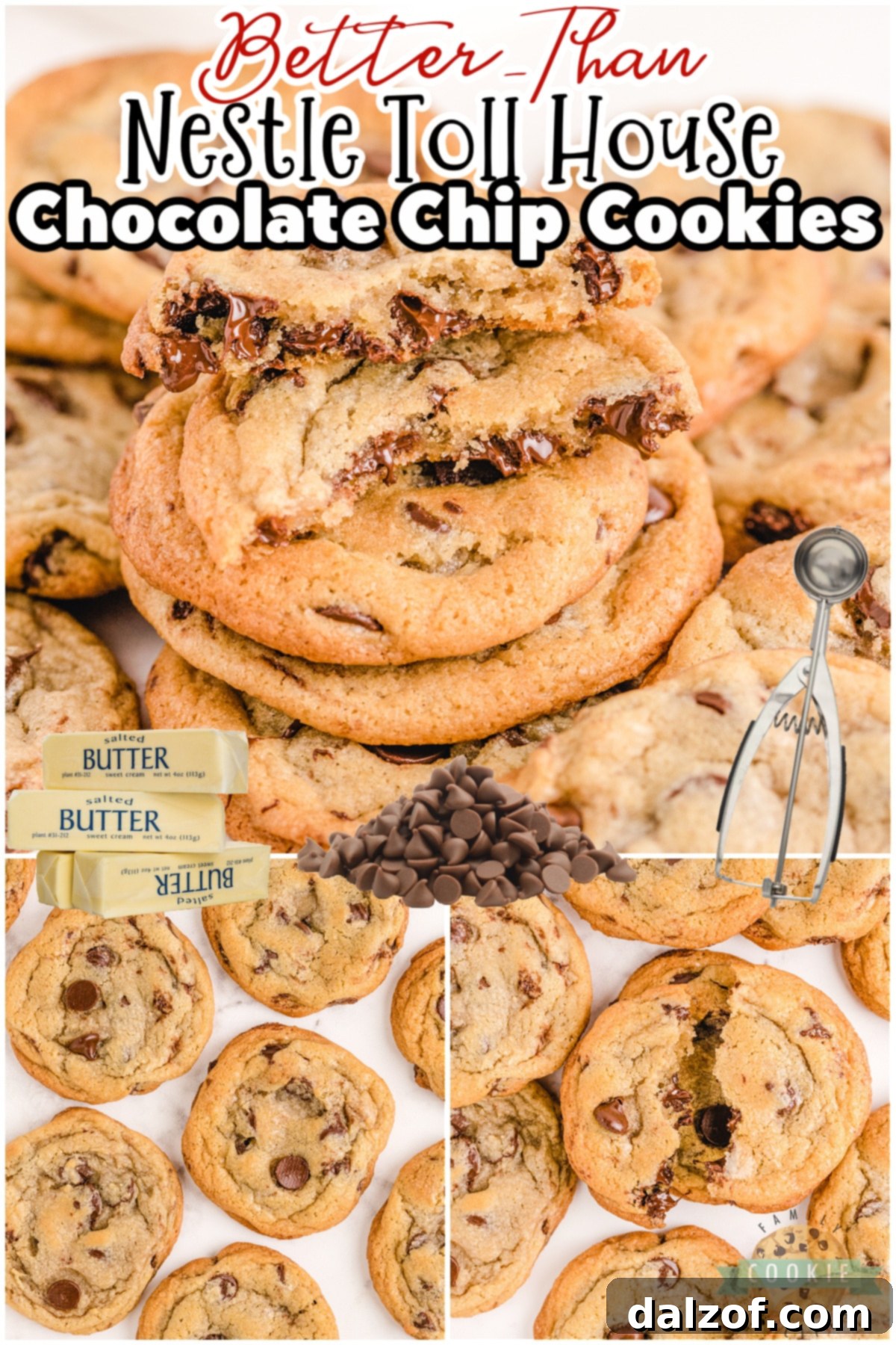 Various stages of Nestle Toll House cookie preparation, including dough, baking, and finished cookies