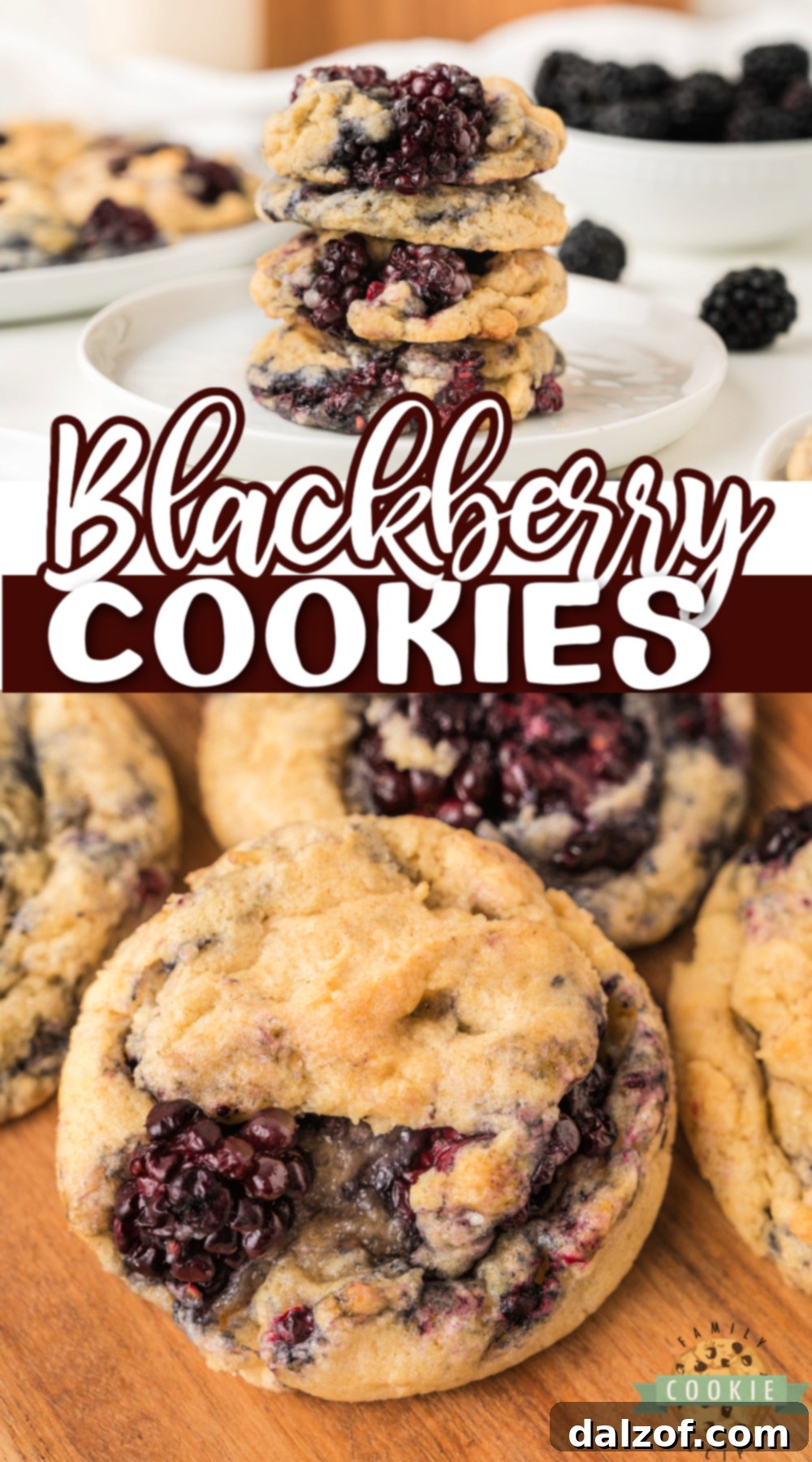 A stunning vertical shot of freshly baked Blackberry Cookies, highlighting their golden-brown edges and soft, fruit-filled centers.