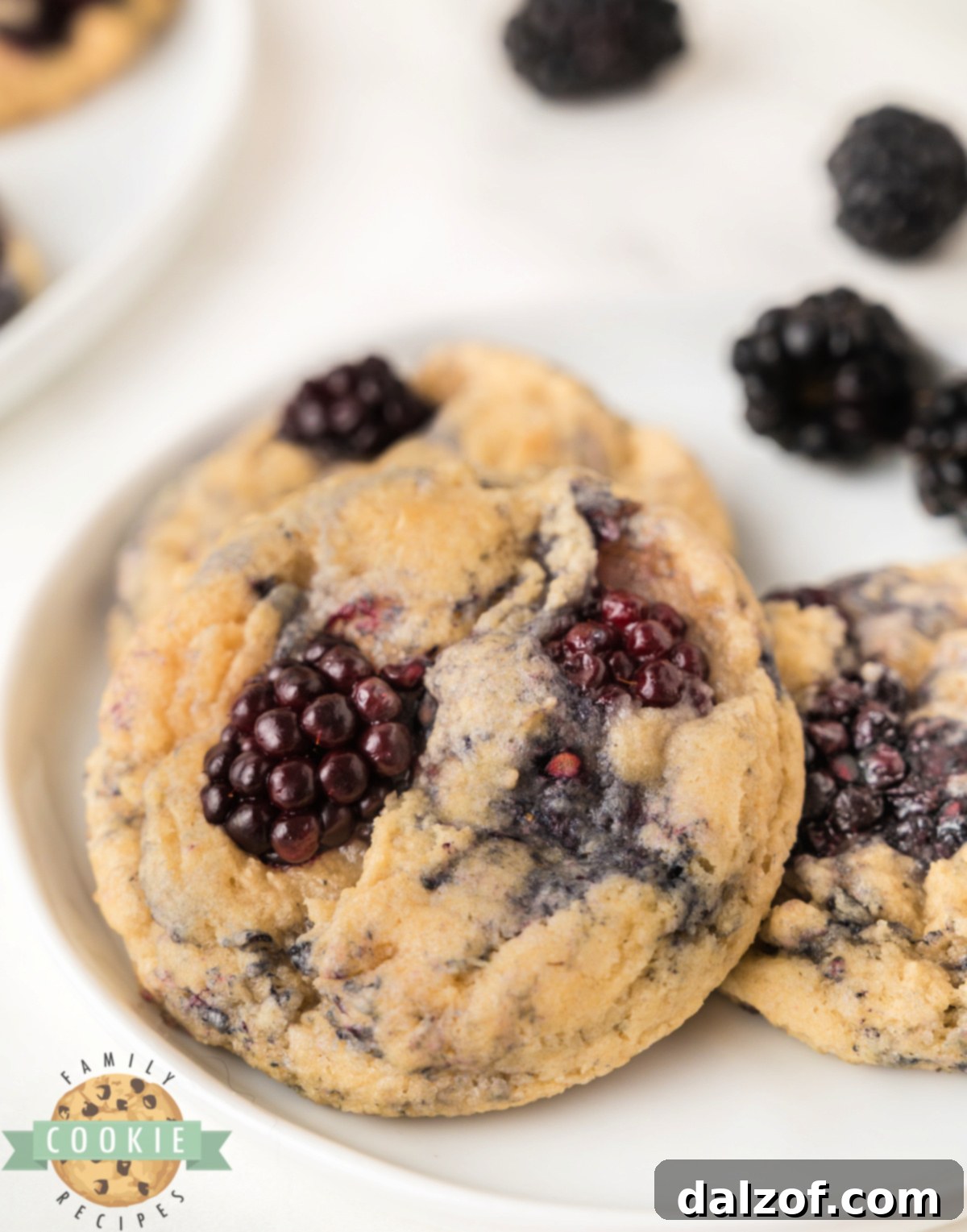 Close-up of golden brown Blackberry Cookies cooling on a rack, showcasing the juicy blackberry pieces within each cookie.