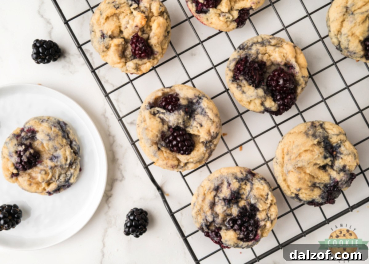 Freshly baked Blackberry Cookies cooling on a wire rack, steam gently rising, ready to be enjoyed.