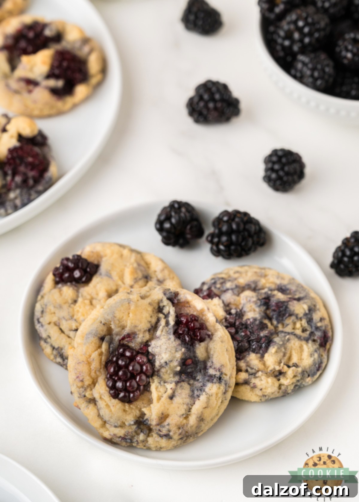 An appetizing close-up of a Blackberry Cookie, highlighting its soft, chewy texture and the vibrant fresh blackberry pieces.