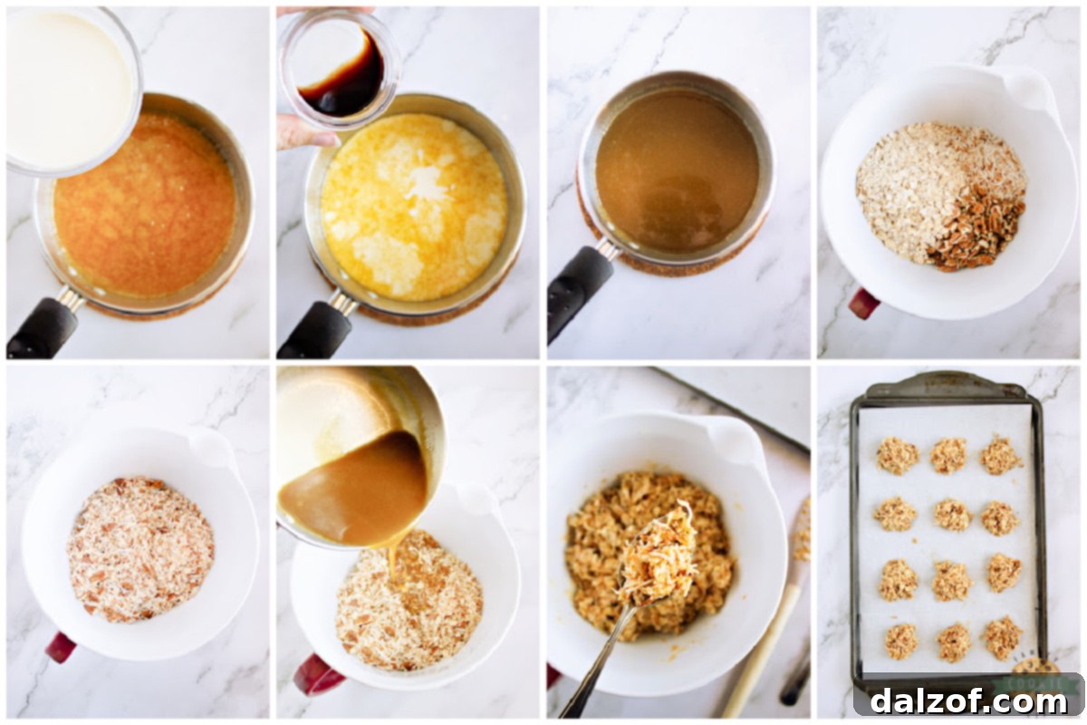 Step-by-step imagery showing the process of making Caramel Coconut No-Bake Cookies.
