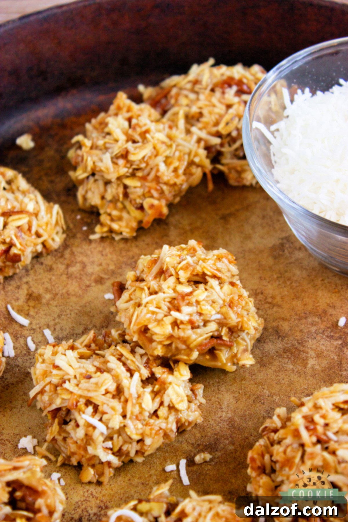 A vibrant display of Caramel Coconut No-Bake Cookies, highlighting their appealing texture and inviting aroma.