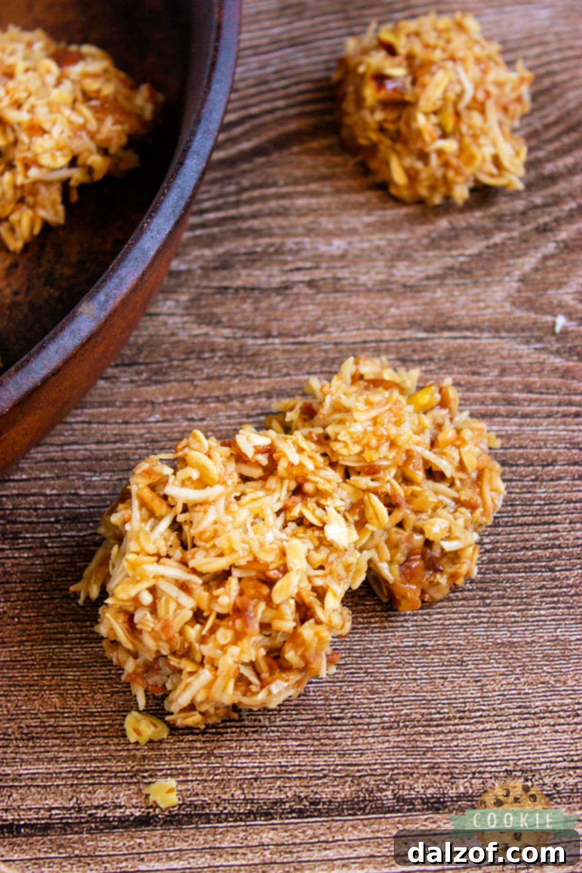 Close-up of a single Caramel Coconut No-Bake Cookie, showcasing its rich texture and topping of flaky sea salt.