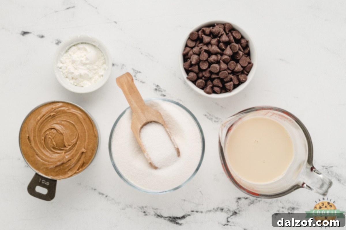 Five core ingredients laid out: creamy peanut butter, granulated sugar, evaporated milk, cornstarch, and semi-sweet chocolate chips.
