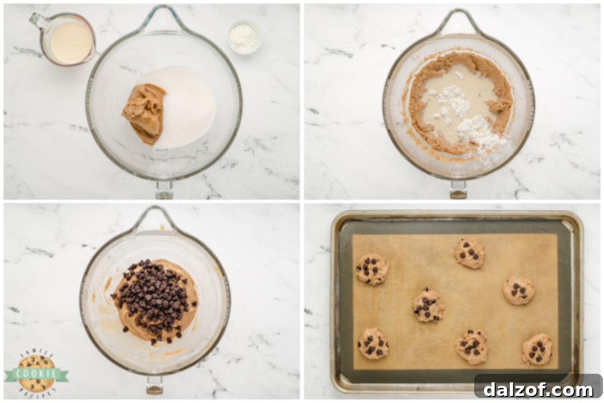 Step-by-step image collage showing the mixing of ingredients and scooping of dough for Flourless Peanut Butter Chocolate Chip Cookies.