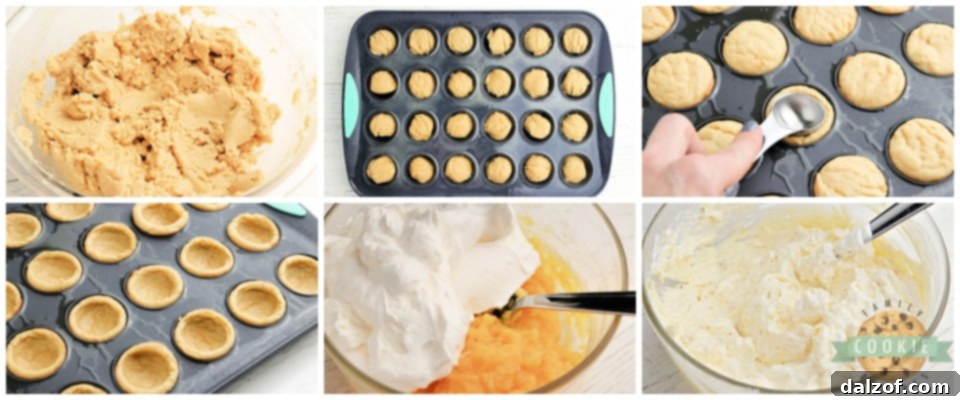 Process of making Banana Split Cookie Cups, showing the dough being scooped into a mini muffin tin.
