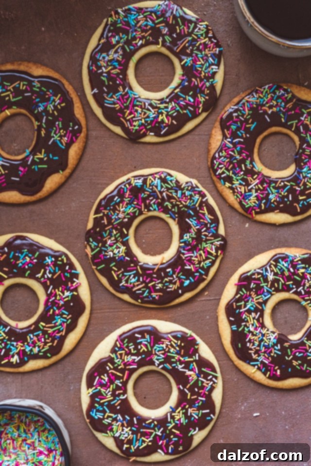 Another close-up shot of chocolate glazed donut cookies arranged on a platter, ready to be served.
