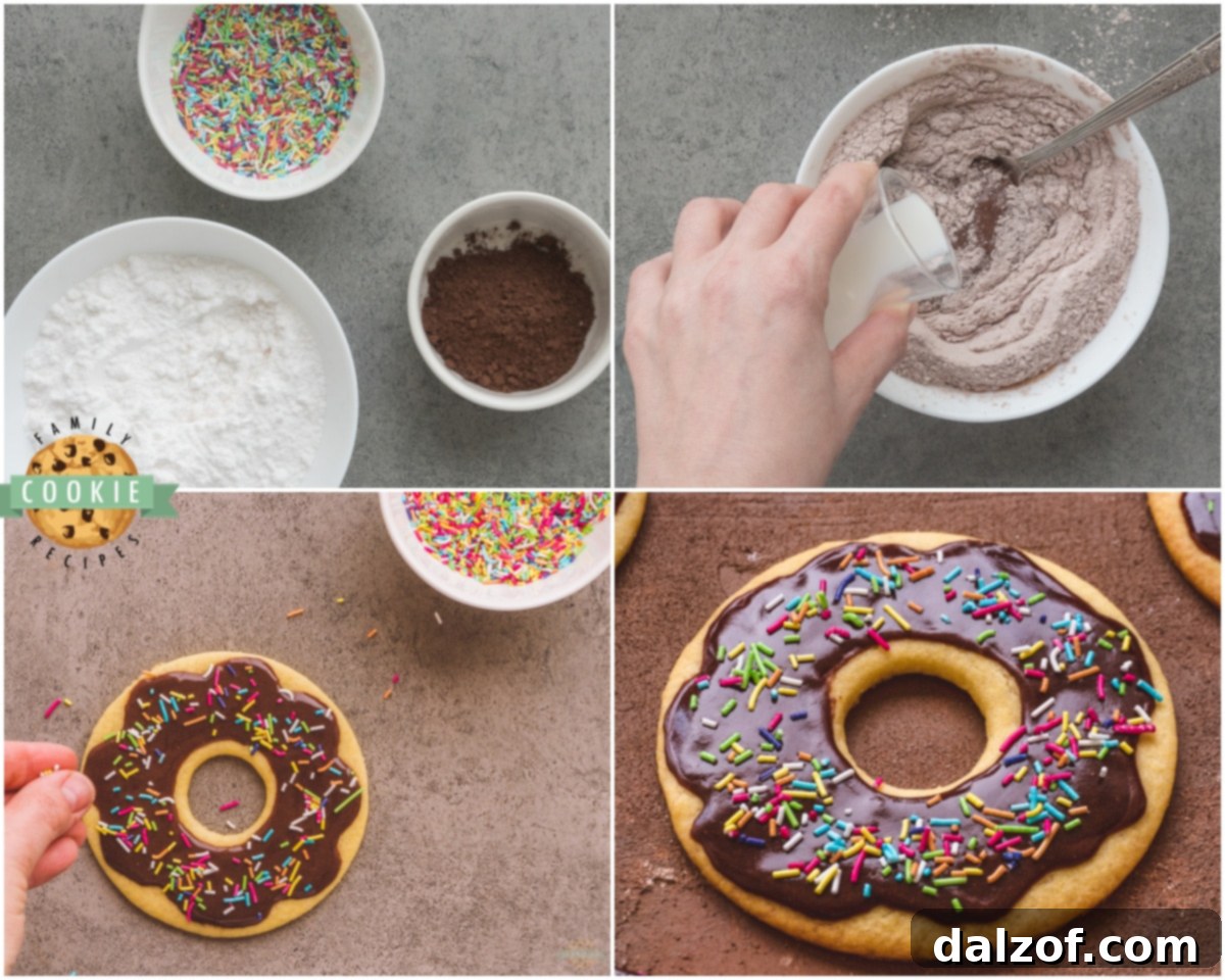 Step-by-step image illustrating the process of making chocolate glazed donut cookies.