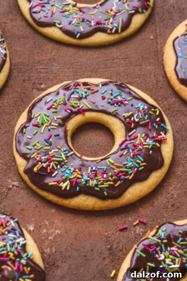 A plate of perfectly glazed chocolate donut cookies, ready to be enjoyed.