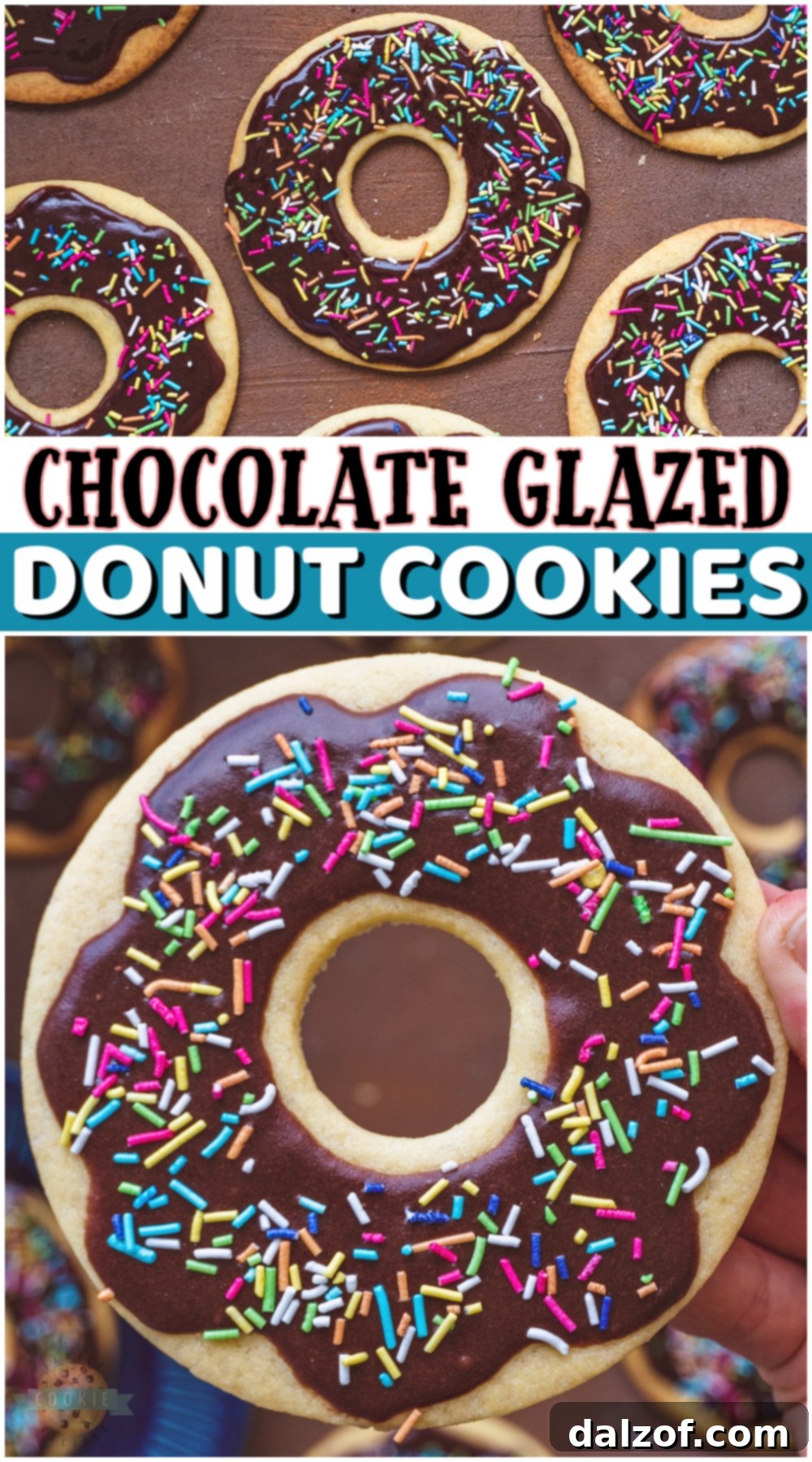 A collection of chocolate glazed donut cookies arranged attractively, suitable for a social media pin.
