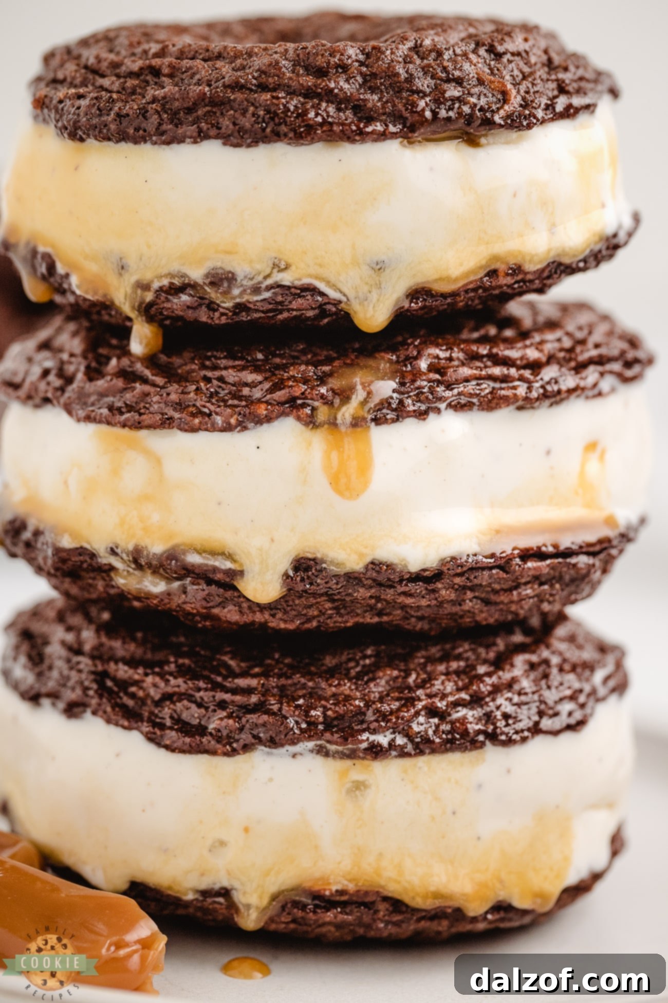 caramel brownie cookies made into ice cream sandwiches
