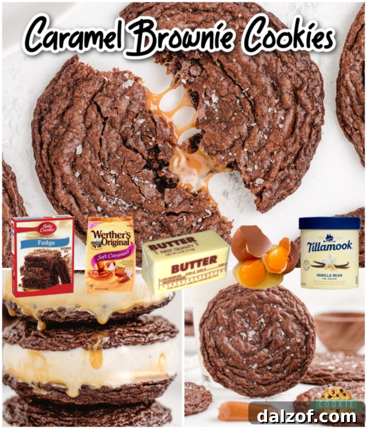 Caramel Brownie Cookies made with a brownie mix & stuffed with buttery soft caramels! Indulgent chocolate cookies with gooey caramel, perfect with a sprinkle of salt!