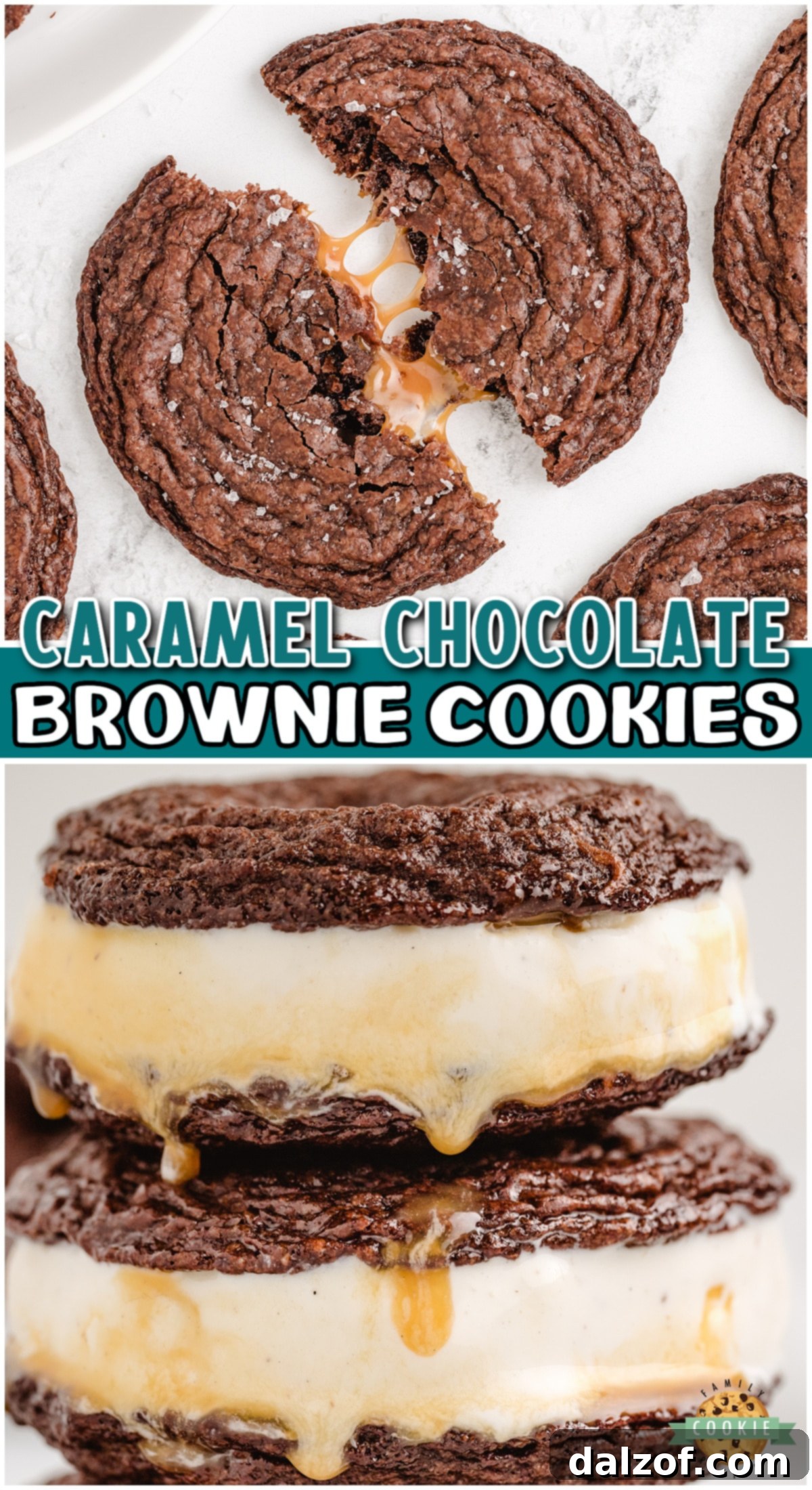 Caramel Brownie Cookies made with a brownie mix & stuffed with buttery soft caramels! Indulgent chocolate cookies with gooey caramel, perfect with a sprinkle of salt!