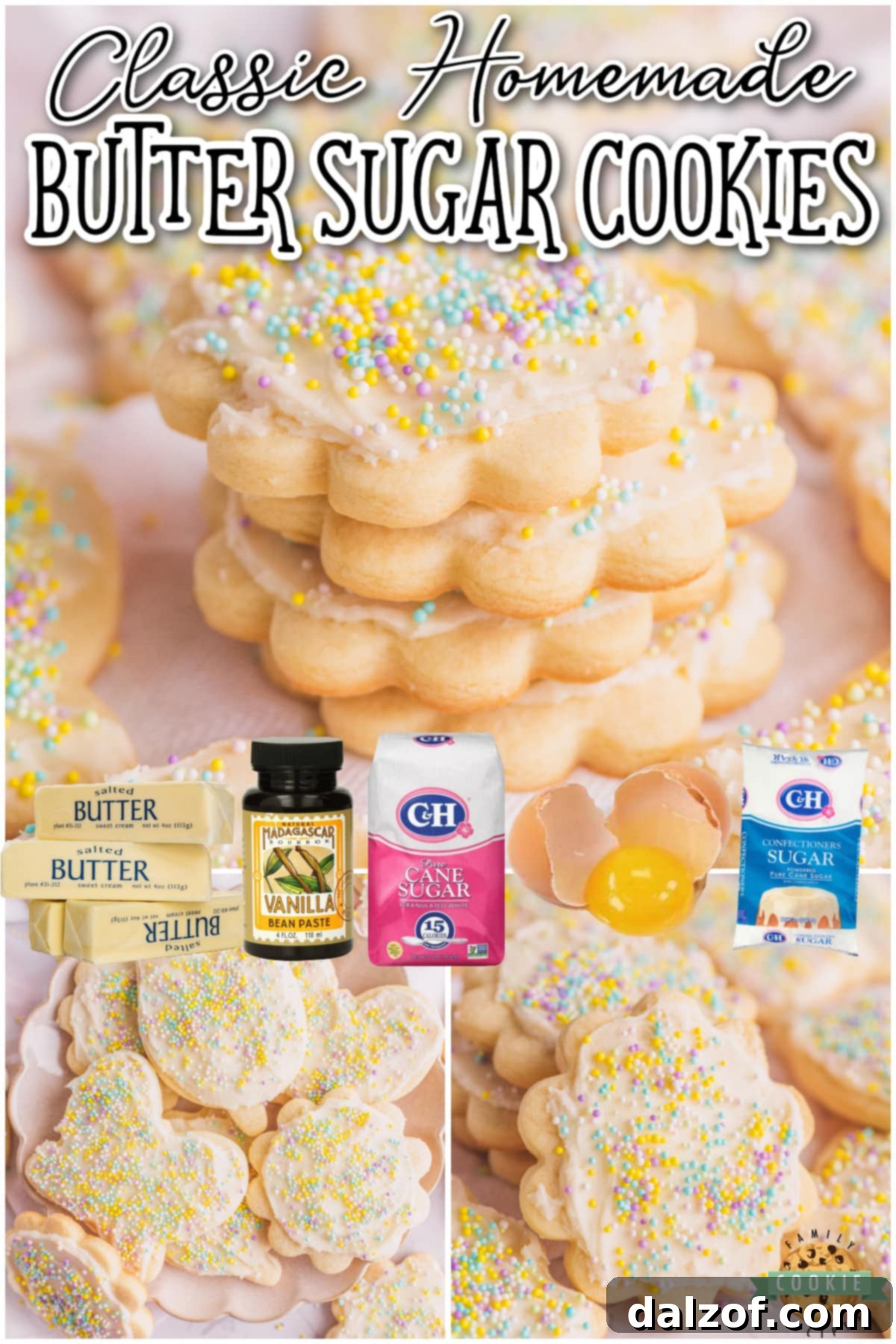All Butter Sugar Cookies are soft & sweet cookies topped with a buttery vanilla frosting. Easy sugar cookie recipe made with simple pantry ingredients that yields about a dozen cookies.