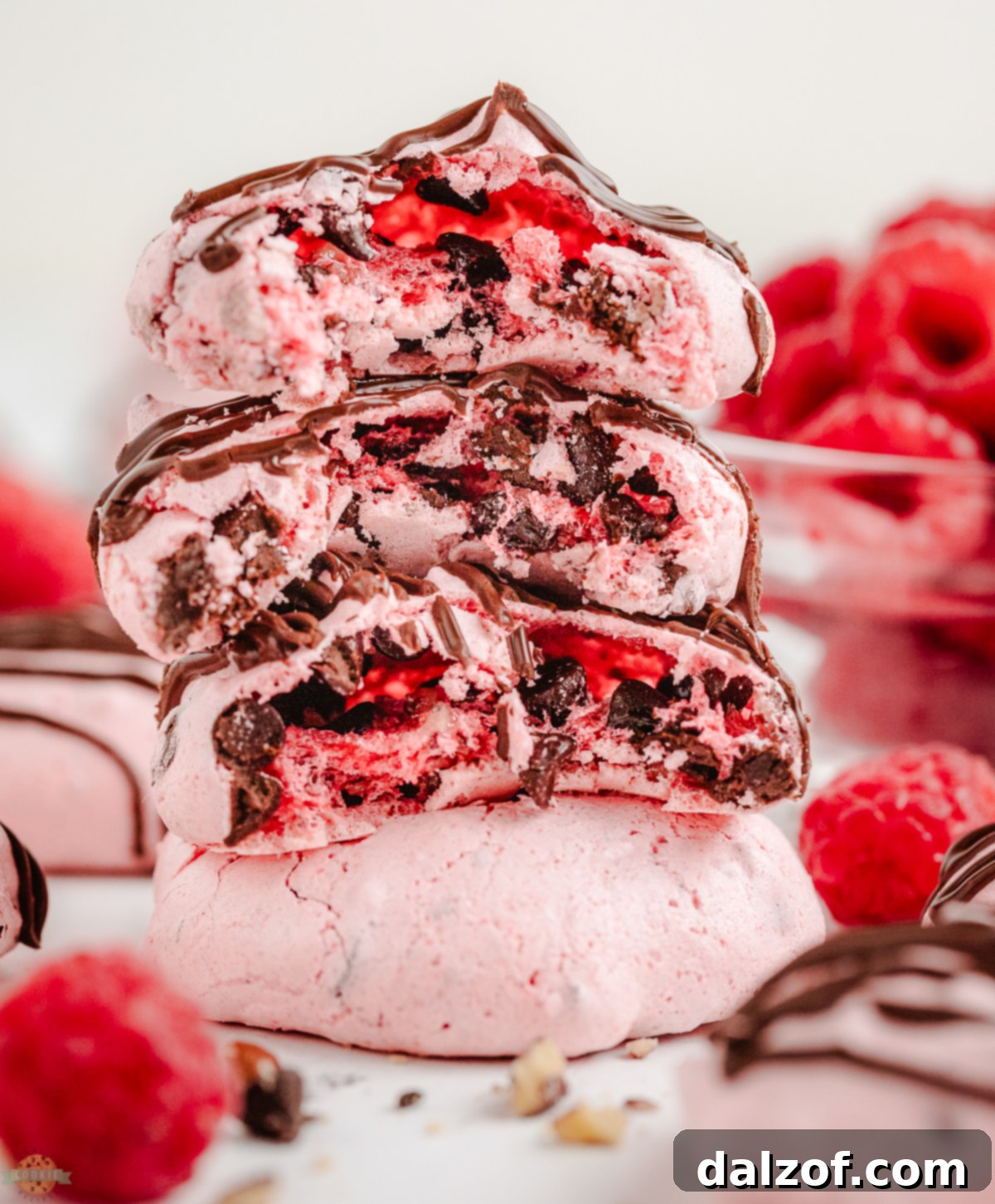 stack of raspberry meringues with chocolate chips and nuts, with a bite taken out